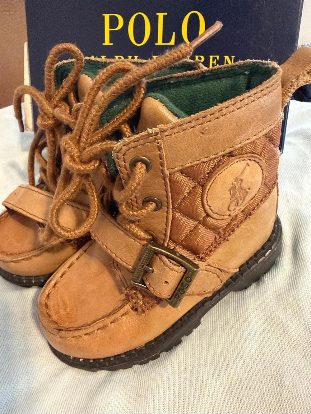Polo by Ralph Lauren Tan Leather Baby Lace-Up Boots with Green Lining